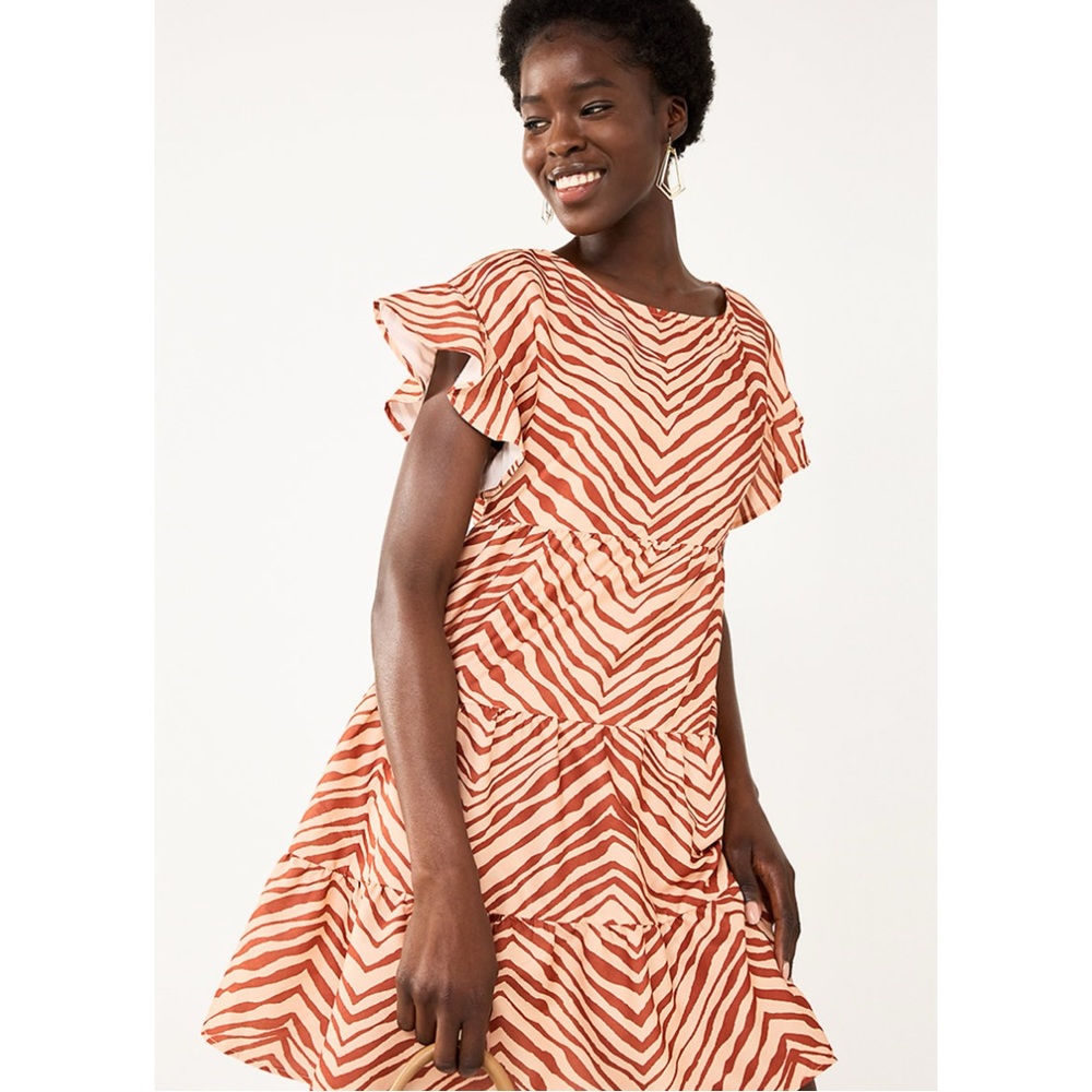 NWT Nine West Tiered Dolman-Sleeve Babydoll Dress Graphic Zebra Size S